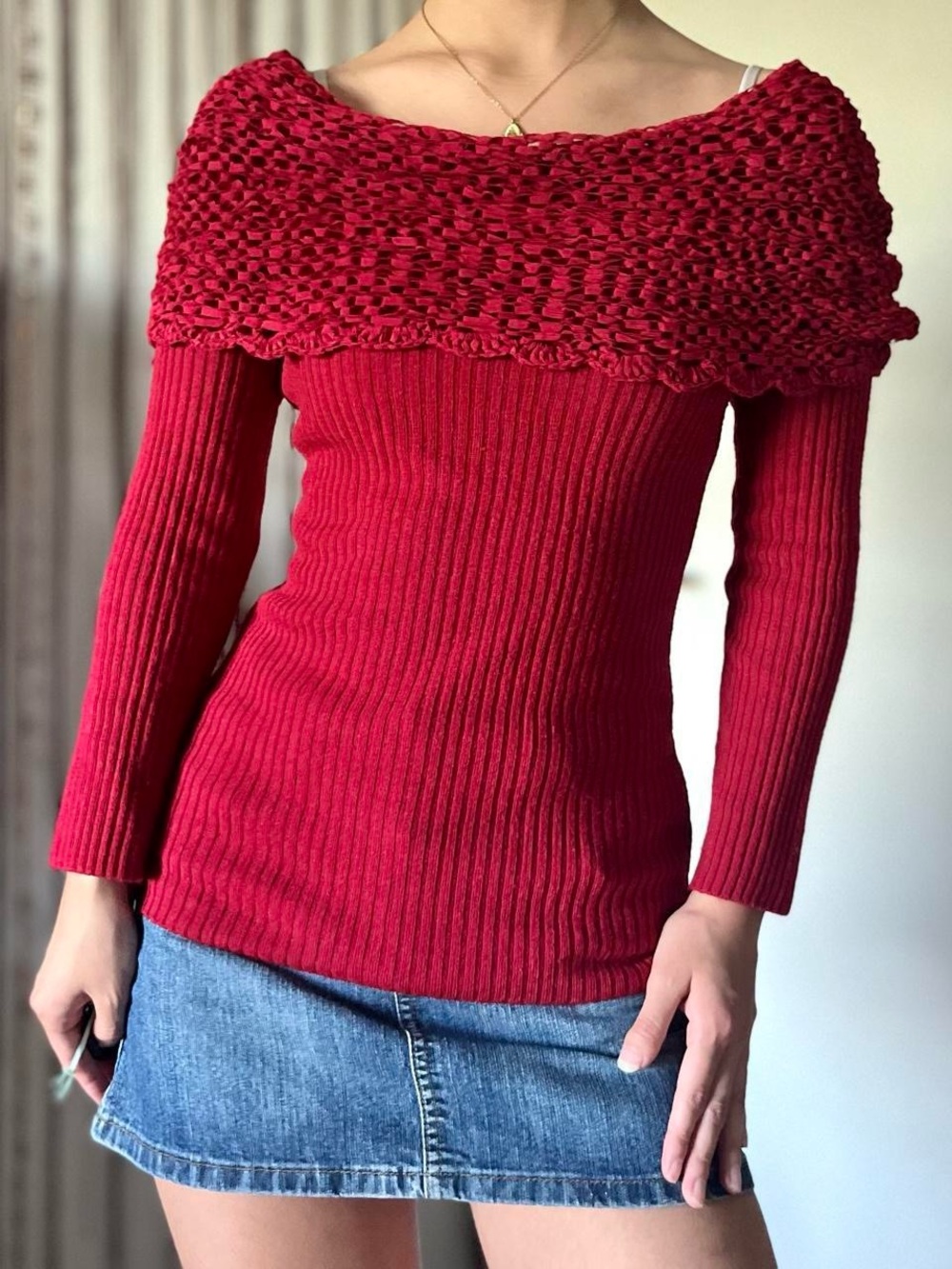BCX Red Off-Shoulder Ribbed Knit Sweater
